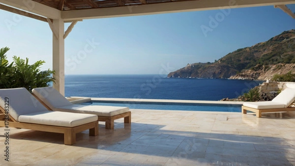 Obraz Luxury Villa Terrace with Lounge Chairs and Infinity Pool Overlooking the Ocean and Mountains Keywords: infinity pool, lounge