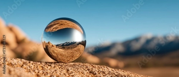 Obraz Sphere Hollow Surreal concept. Reflective sphere on rocky surface against a mountain backdrop.