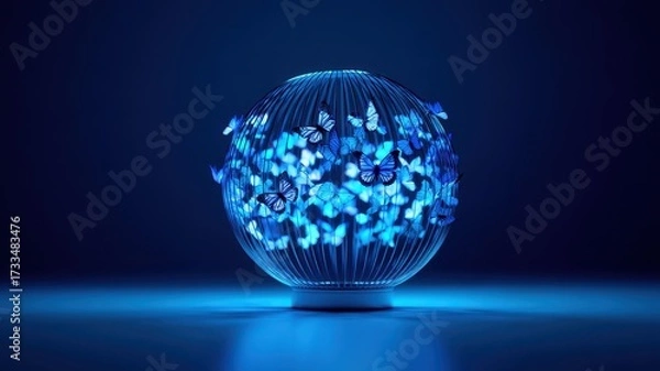 Obraz Sphere Hollow Surreal concept. Illuminated orb design with floral details and blue lighting.