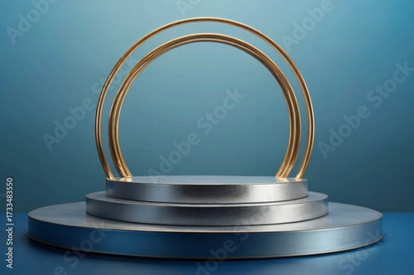 Obraz Modern Minimalist Display Pedestal with Gold Arches and Silver Platforms Keywords: pedestal, display, platform, stage, podium