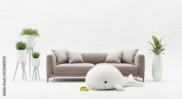 Fototapeta Playful Interior Scene with Sofa and Toy Whale A Bright and Cheerful Room Featuring Potted Plants and a Small Car for a Fun and Inviting Atmosphere