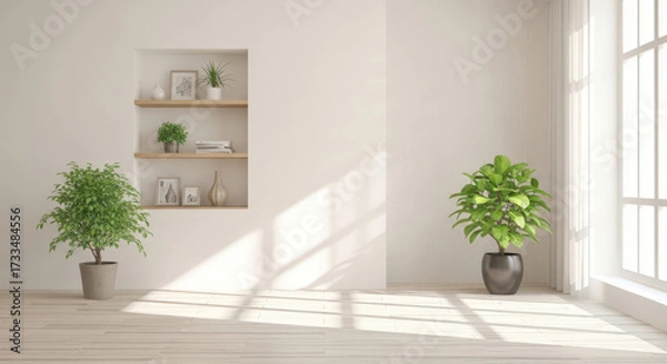 Fototapeta Serene Interior with Natural Light and Green Plants A Modern Room Design Featuring a Built-in Shelf and Minimalist Decor for a Calm and Inviting Atmosphere