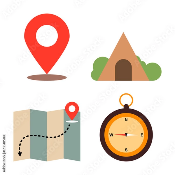 Obraz Vector illustration map, tent and compass icon