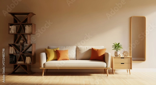 Fototapeta Stylish Living Room Arrangement with a Cream Sofa, Decorative Pillows, Wooden Bookshelf, Side Table, and a Full-Length Mirror Against a Beige Wall