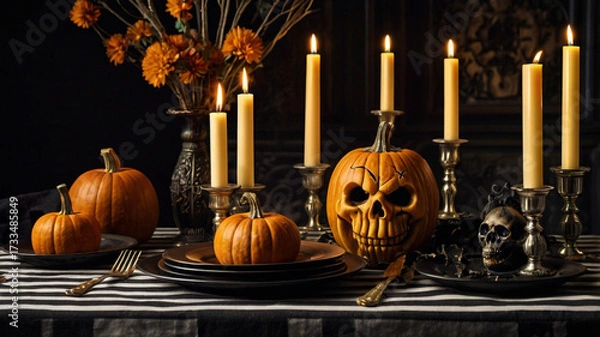 Obraz Spooky Halloween Table Setting with Carved Pumpkins and Candles skull