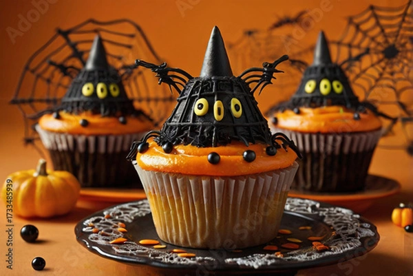 Obraz Spooky Halloween Witch Hat Cupcakes with Spider Decorations and Pumpkin image photo