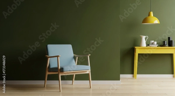 Fototapeta Stylish Interior with a Blue Armchair, Yellow Table, and Green Wall Creating a Bold and Modern Color Palette for a Contemporary Living Space