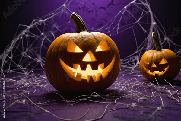 Fototapeta Spooky Jack-o'- Lanterns and Cobwebs on a Purple Halloween Background pumpkin jack-o-lantern