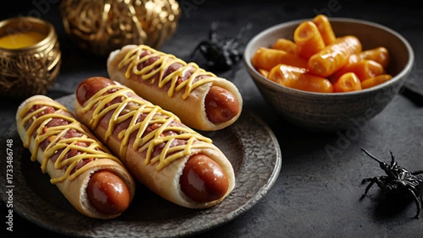 Obraz Three Hot Dogs with Mustard and a Bowl of Tteokbokki on a Dark Surface Keywords: hot dog, sausage, bun, mustard, tteokbokki