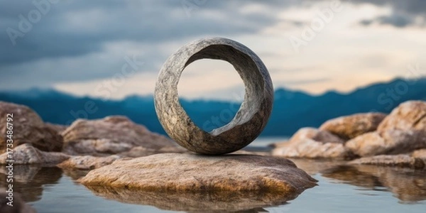 Obraz Sphere Hollow Surreal concept. Stone sculpture in water with mountains in the background.