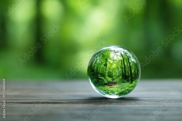 Obraz Sphere Hollow Surreal concept. Reflective glass orb showcasing lush green forest scenery.