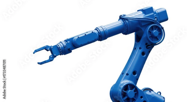 Fototapeta Precision Blue Industrial Robotic Arm Isolated on White Background Demonstrating Advanced Automation Technology for Manufacturing and Engineering Applications