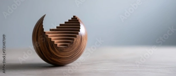 Obraz Sphere Hollow Surreal concept. Abstract wooden sculpture with a spiral staircase design.