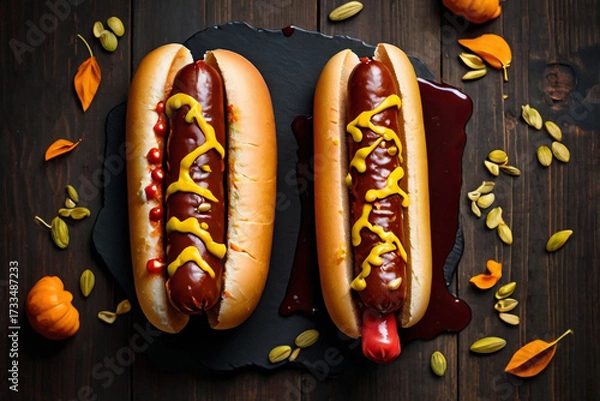 Obraz Two Gourmet Hot Dogs with Mustard and Ketchup on a Dark Wooden Surface sausage