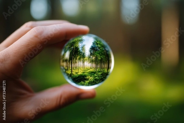Obraz Sphere Hollow Surreal concept. A hand holds a glass orb reflecting a forest scene.
