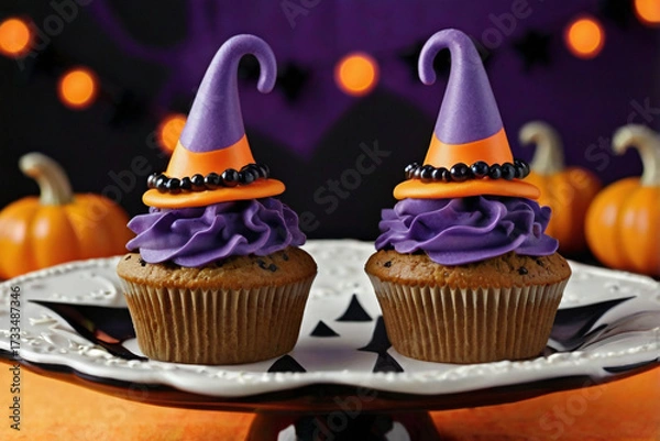 Obraz Two Halloween cupcakes decorated with purple frosting and witch hats on a platter