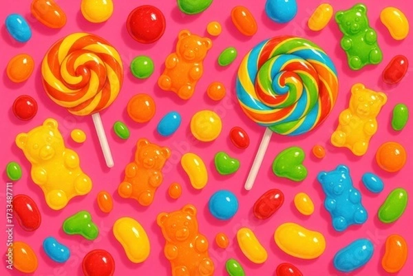 Fototapeta Colorful gummy bears and lollipops candy background. AI Generative.