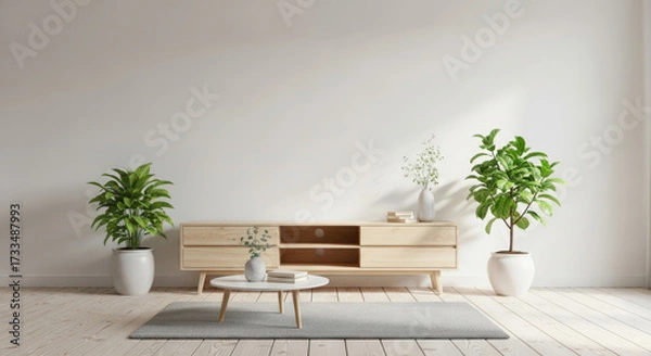 Fototapeta Serene Interior with Wooden Console Table and Potted Plants A Modern Living Room Design Featuring Natural Light and Minimalist Decor for a Calm and Inviting Space