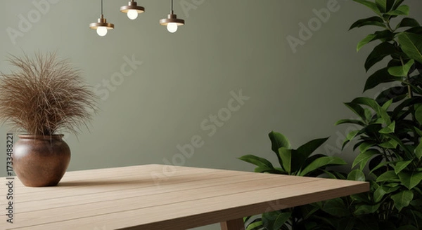 Fototapeta Rustic Table Setting with Dried Grass and Green Plants A Warm and Inviting Dining Area with Natural Elements and Soft Lighting for a Cozy Atmosphere