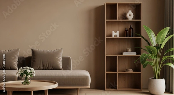 Fototapeta Serene Interior Scene with Neutral Tones A Comfortable Sofa, Stylish Bookshelf, and Vibrant Plant Create a Harmonious and Inviting Living Space Design