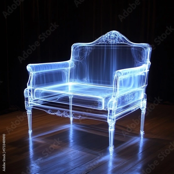 Fototapeta Elegant transparent chair with a blue glow on a wooden floor against a black background, showcasing modern design
