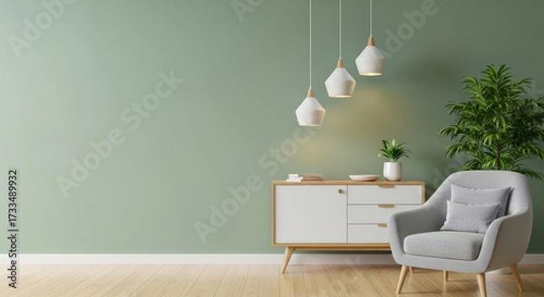 Fototapeta Serene Interior Scene Featuring a Light Green Wall, Modern White Cabinet, Stylish Armchair, and Elegant Pendant Lights Creating a Calm and Inviting Atmosphere