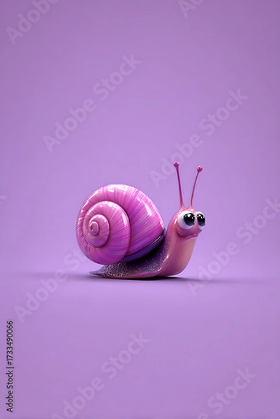Fototapeta Cute cartoon snail with vibrant pink shell on a purple background, ideal for playful designs