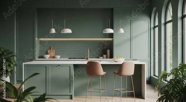 Fototapeta Serene Green Kitchen Interior with Island Seating and Natural Light a Modern Culinary Space with Earthy Tones and Minimalist Design for a Calm and Inviting Atmosphere