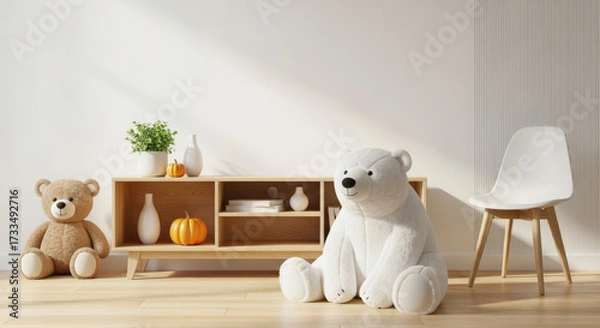 Fototapeta Playful Interior with Teddy Bears and Modern Chair A Cozy and Child Friendly Room Design with Soft Toys and Minimalist Furniture Arrangement