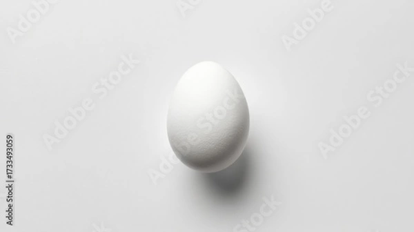 Fototapeta A smooth white oval egg with subtle tonal variations rests against a plain grey background,