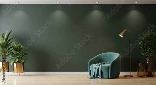 Fototapeta Sophisticated Living Room with Dark Green Wall, Plush Armchair, and Stylish Floor Lamp Creating a Cozy and Inviting Space for Relaxation and Reading