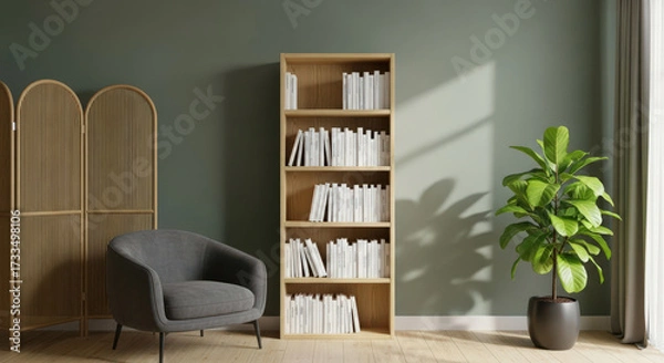 Fototapeta Stylish Interior with Bookshelf, Armchair, and Fiddle Leaf Fig A Modern Living Space Featuring Natural Light, Warm Tones, and Comfortable Furniture for Relaxation and Reading