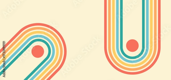 Fototapeta Rainbow line retro background, groovy wavy pattern. Abstract arch stripe vintage bg, colorful parallel bauhaus design. Curvy rainbow palette beige print. Geometric shape element. Vector illustration