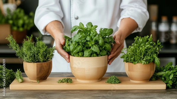 Fototapeta Ai fresh herbs arranged in wooden bowls on a kitchen counter with a chef preparing for cooking