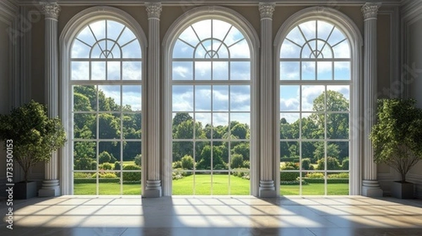 Obraz Grand Estate's Serene Garden View Through Majestic Arch Windows