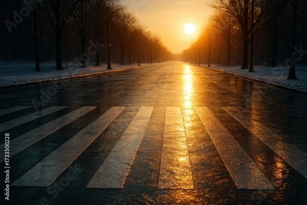 Fototapeta A serene, sun-kissed pedestrian crossing on a tranquil avenue is capturing the mesmerizing light in a vibrant display of urban beauty.