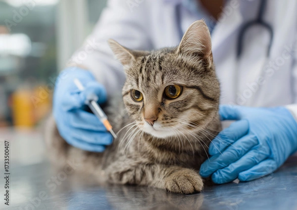 Fototapeta Ai cat receiving vaccination at veterinary clinic during a routine health check in daylight