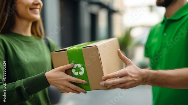 Fototapeta Ai delivery person hands over a recycled package to a smiling woman in a residential area during daylight hours