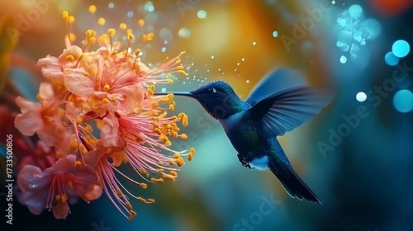 Obraz Hummingbird feeding on flower, vibrant bokeh background, nature scene, stock photo