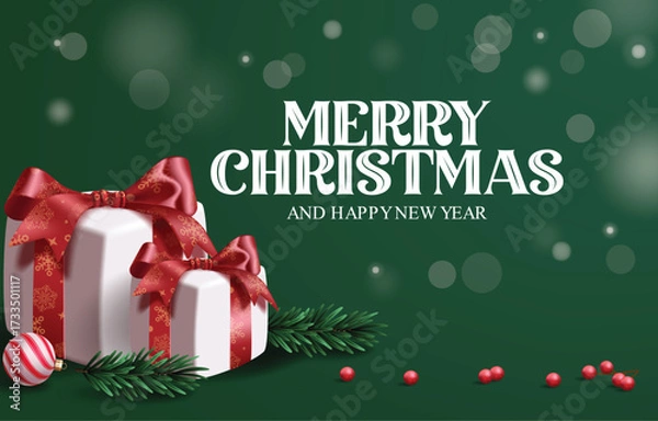 Fototapeta Merry Christmas green card clipart design. Christmas and happy new year greeting clip art with gift boxes, pine tree and holy berry decoration elements in green background vector illustration.

