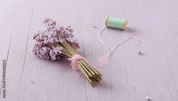 Fototapeta Bouquet flower lavender bouquet ribbon flower wooden background