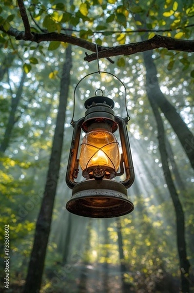 Fototapeta Vintage lantern light forest lantern hanging tree glow
