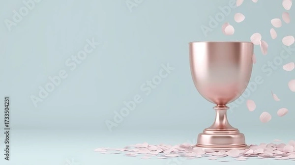 Fototapeta Elegant rose gold trophy cup surrounded by scattered pink flower petals on a soft blue background, symbolizing achievement and celebration in a serene atmosphere