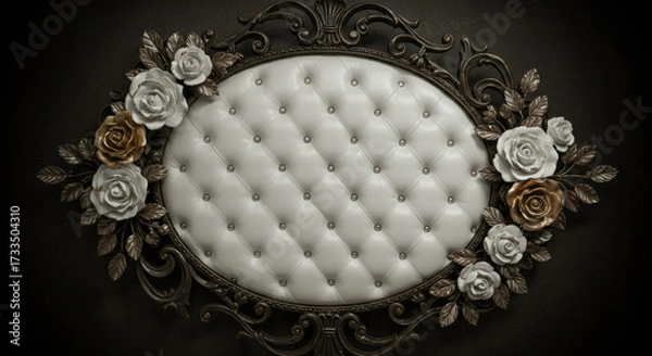 Fototapeta Ornate Frame with White and Gold Roses on Dark Backdrop A Luxurious Decorative Element for Elegant Designs and Artistic Compositions Featuring Intricate Details and Refined Style