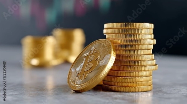 Fototapeta A close-up of shiny gold Bitcoin coins stacked on a surface, symbolizing cryptocurrency investment and digital finance.