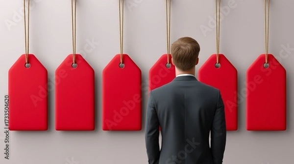 Fototapeta A businessman contemplates several red price tags hanging on a wall, symbolizing decision-making in a sales or marketing context.