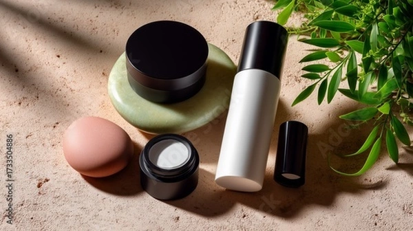 Fototapeta A stylish arrangement of skincare products on a textured surface, complemented by greenery.
