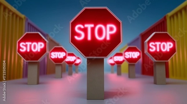 Fototapeta A series of illuminated stop signs arranged in a vibrant environment.