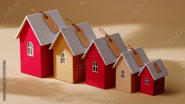 Fototapeta A collection of colorful toy houses in various sizes, each featuring a tag, displayed on a soft, neutral background.