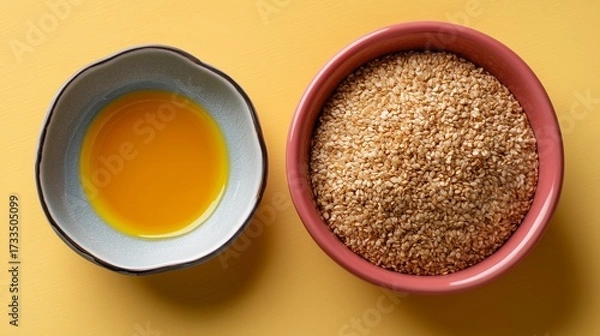 Fototapeta A vibrant image featuring a small bowl of sesame oil beside a larger bowl filled with sesame seeds on a yellow background.